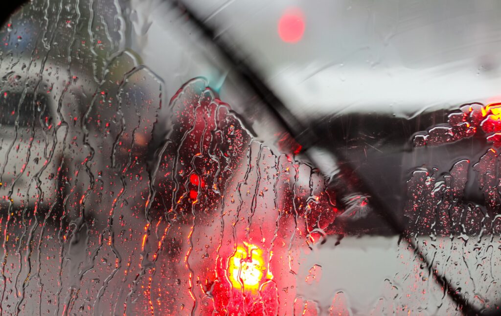 Windscreen wiper blades in the rain.